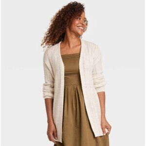 Knox Rose Women's Cable Pointelle Cardigan Heather Cream Medium
